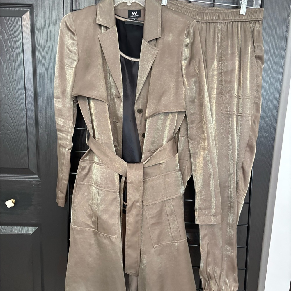 Gold Satin Pantsuit and Top with Belted Blazer